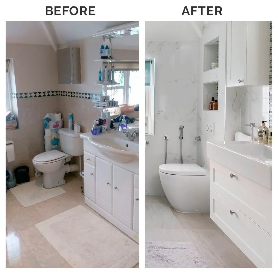 Before and after: cluttered bathroom vanity wall finished in bright new tile