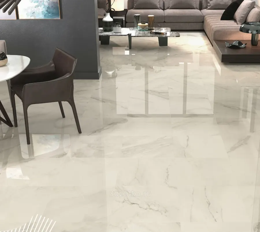 Large polished cream tile floor in a reception area