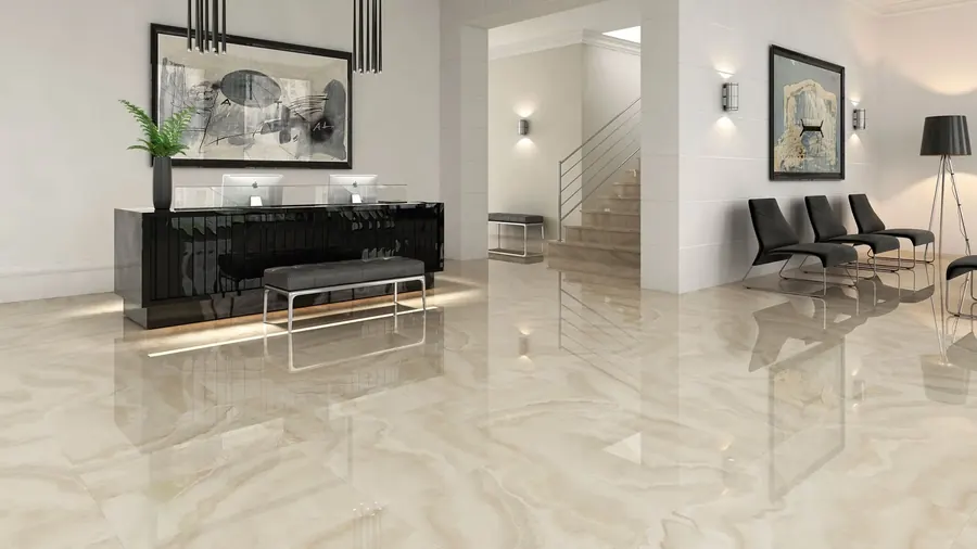Commercial interior with glossy cream porcelain floor tile