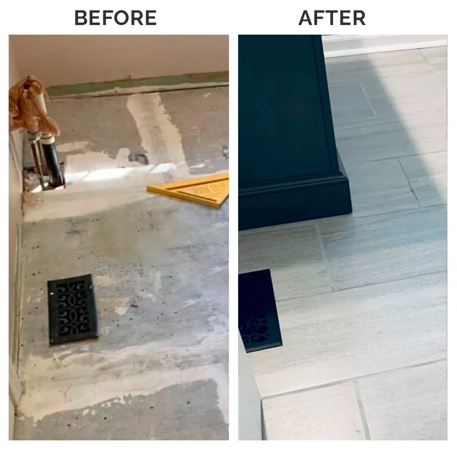 Before and after: damaged floor replaced with new tile