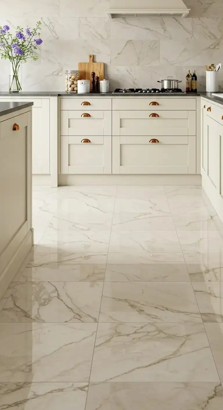 Marble-look porcelain floor running through a white kitchen