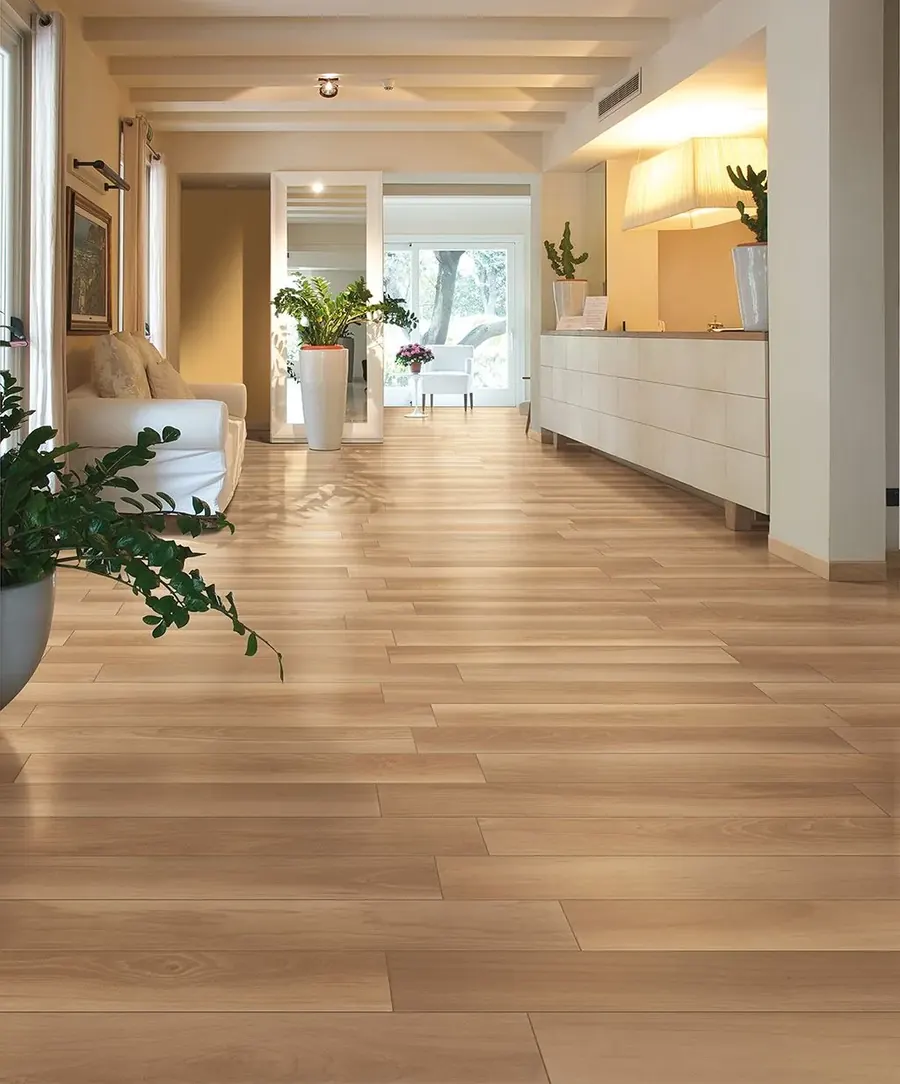 Wood-look plank tile in an open living and dining area